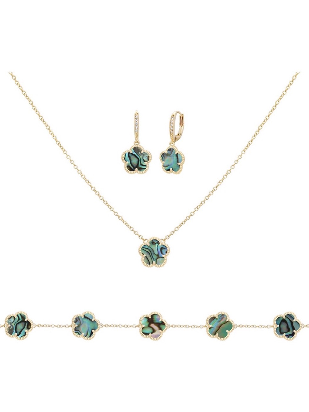 Gold-Tone Abalone Flower Necklace, Bracelet & Earrings Set